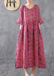 Elegant purple red print linen dress o neck Petal Sleeve loose summer Dress - bagstylebliss