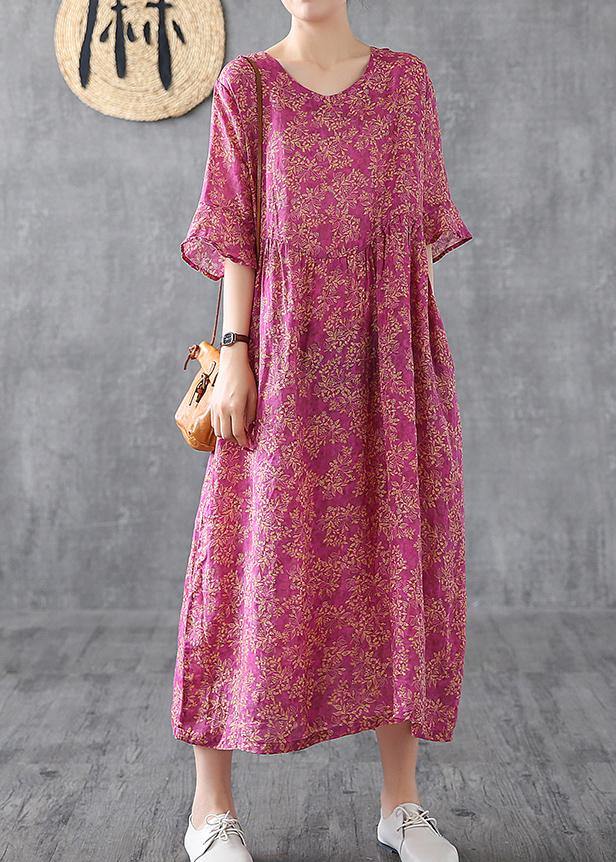 Elegant purple red print linen dress o neck Petal Sleeve loose summer Dress - bagstylebliss