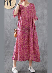 Elegant purple red print linen dress o neck Petal Sleeve loose summer Dress - bagstylebliss