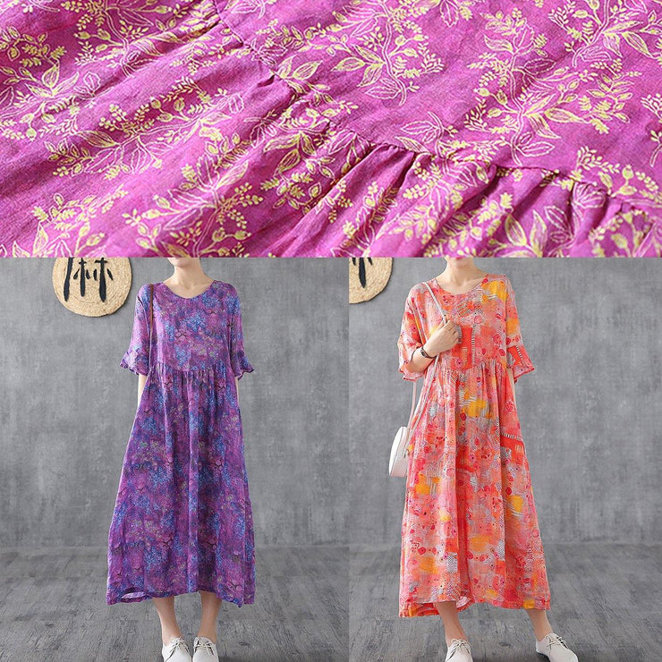 Elegant purple red print linen dress o neck Petal Sleeve loose summer Dress - bagstylebliss