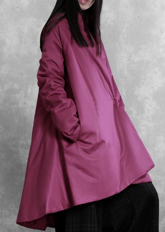 Elegant purple winter outwear casual snow v neck asymmetric coats - bagstylebliss