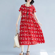 Elegant red Midi-length cotton blended dress Loose fitting traveling clothing New short sleeve print drawstring clothing dress