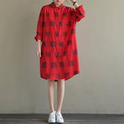 Elegant red Plaid Cotton quilting clothes lapel Button Down daily spring Dress - bagstylebliss