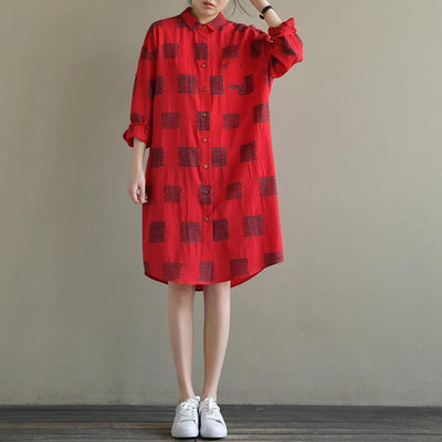 Elegant red Plaid Cotton quilting clothes lapel Button Down daily spring Dress - bagstylebliss