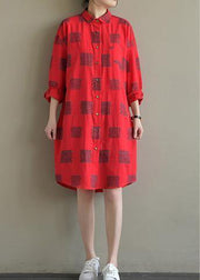 Elegant red Plaid Cotton quilting clothes lapel Button Down daily spring Dress - bagstylebliss