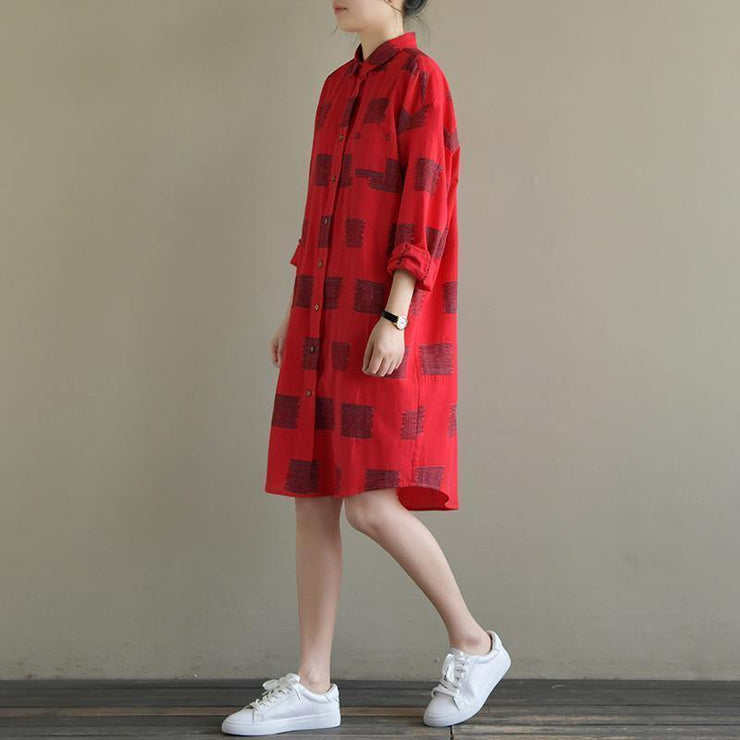 Elegant red Plaid Cotton quilting clothes lapel Button Down daily spring Dress - bagstylebliss