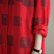 Elegant red Plaid Cotton quilting clothes lapel Button Down daily spring Dress - bagstylebliss