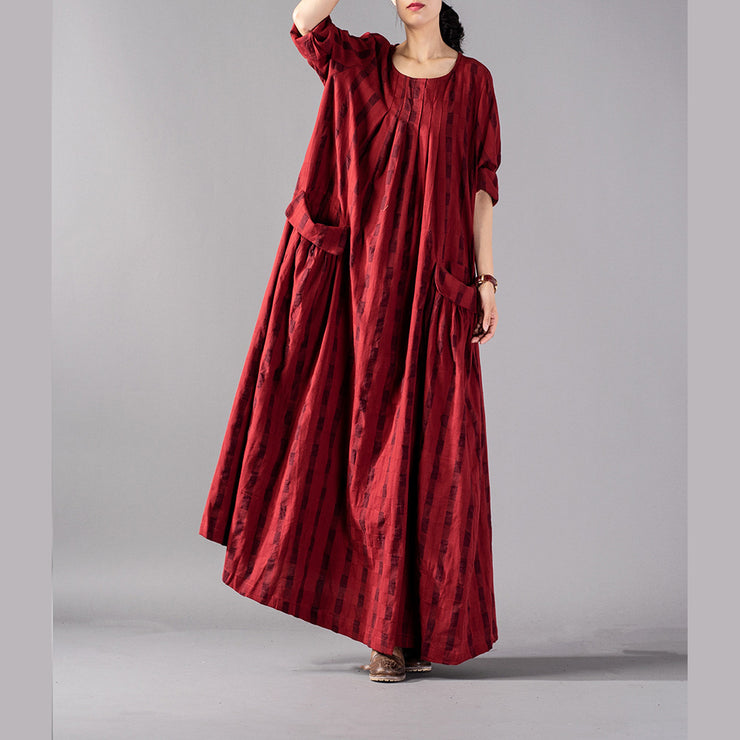 Elegant red Plaid long oversized o neck baggy linen maxi dress vintage pockets kaftans