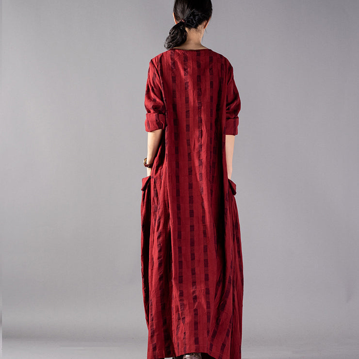 Elegant red Plaid long oversized o neck baggy linen maxi dress vintage pockets kaftans