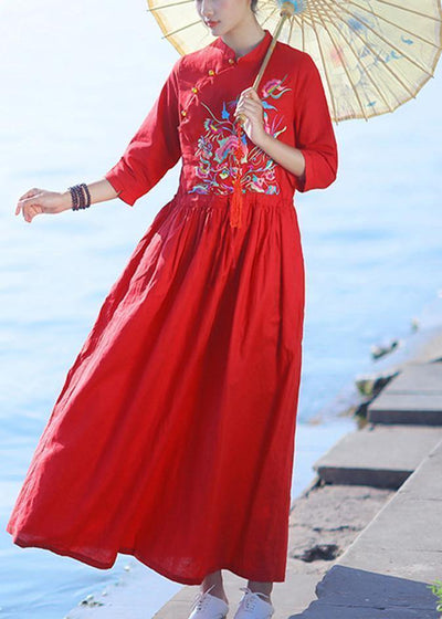 Elegant red embroidery linen Robes v neck drawstring summer Dresses - bagstylebliss