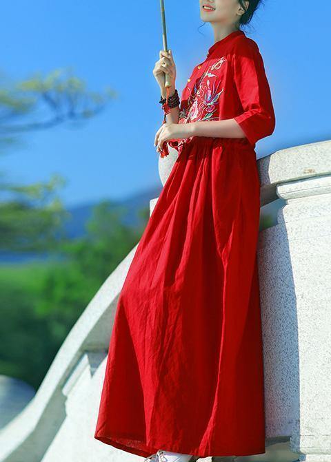 Elegant red embroidery linen Robes v neck drawstring summer Dresses - bagstylebliss