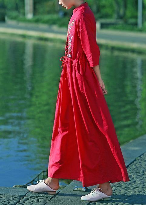 Elegant red embroidery linen Robes v neck drawstring summer Dresses - bagstylebliss