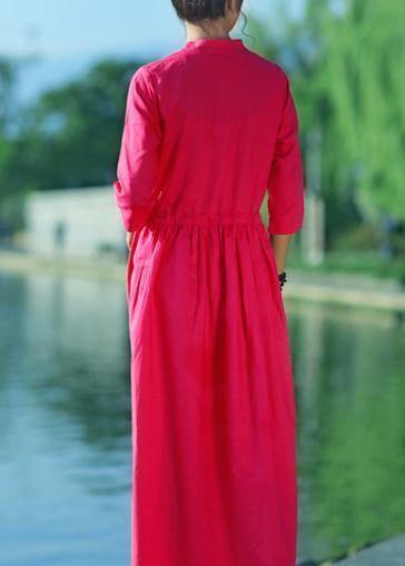 Elegant red embroidery linen Robes v neck drawstring summer Dresses - bagstylebliss