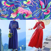 Elegant red embroidery linen Robes v neck drawstring summer Dresses - bagstylebliss