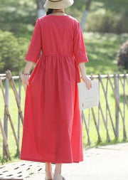 Elegant red linen cotton dresses Indian pattern v neck Three Quarter sleeve Love Summer Dress - bagstylebliss