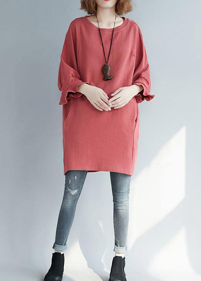 Elegant red linen tunic top o neck half sleeve short summer Dress - bagstylebliss