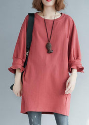 Elegant red linen tunic top o neck half sleeve short summer Dress - bagstylebliss