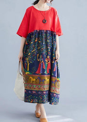 Elegant red patchwork print cotton clothes o neck Robe summer Dresses - bagstylebliss