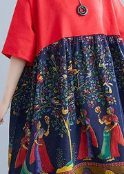 Elegant red patchwork print cotton clothes o neck Robe summer Dresses - bagstylebliss