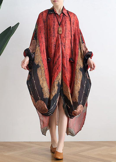 Elegant red print clothes For Women Plus Size lapel asymmetric Maxi Summer Dress - bagstylebliss
