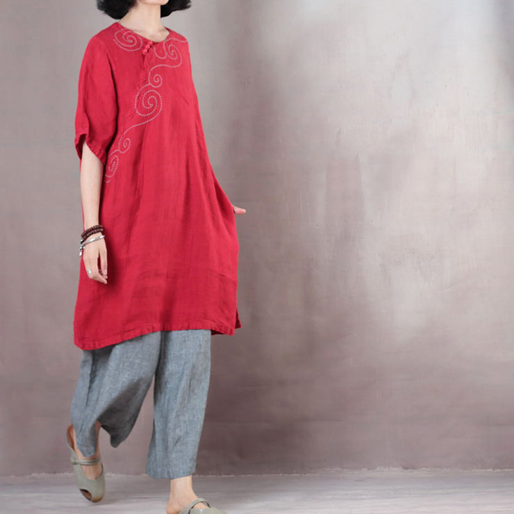 Elegant red pure linen tops plus size linen t shirt boutique half sleeve embroidery fabric O neck linen clothing tops