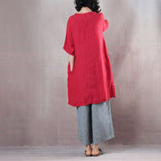 Elegant red pure linen tops plus size linen t shirt boutique half sleeve embroidery fabric O neck linen clothing tops