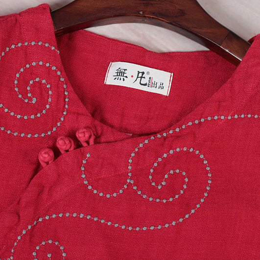 Elegant red pure linen tops plus size linen t shirt boutique half sleeve embroidery fabric O neck linen clothing tops