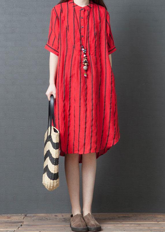 Elegant red striped cotton tunic dress stand collar loose summer Dresses - bagstylebliss