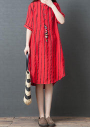 Elegant red striped cotton tunic dress stand collar loose summer Dresses - bagstylebliss