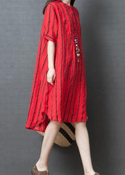 Elegant red striped cotton tunic dress stand collar loose summer Dresses - bagstylebliss