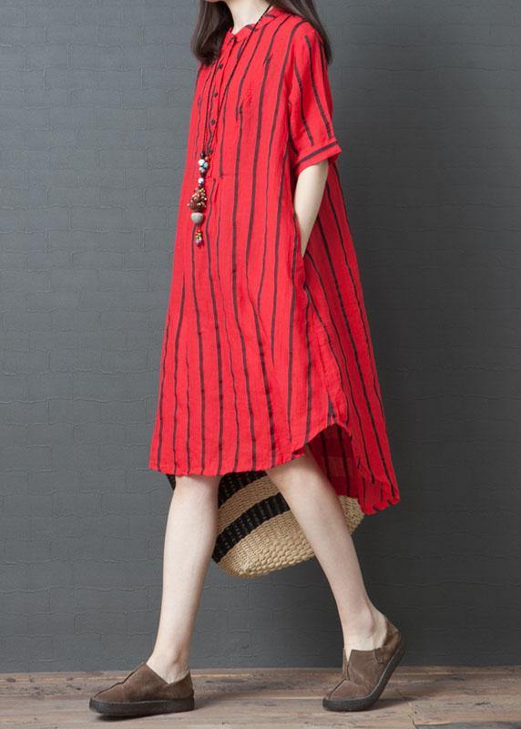 Elegant red striped cotton tunic dress stand collar loose summer Dresses - bagstylebliss