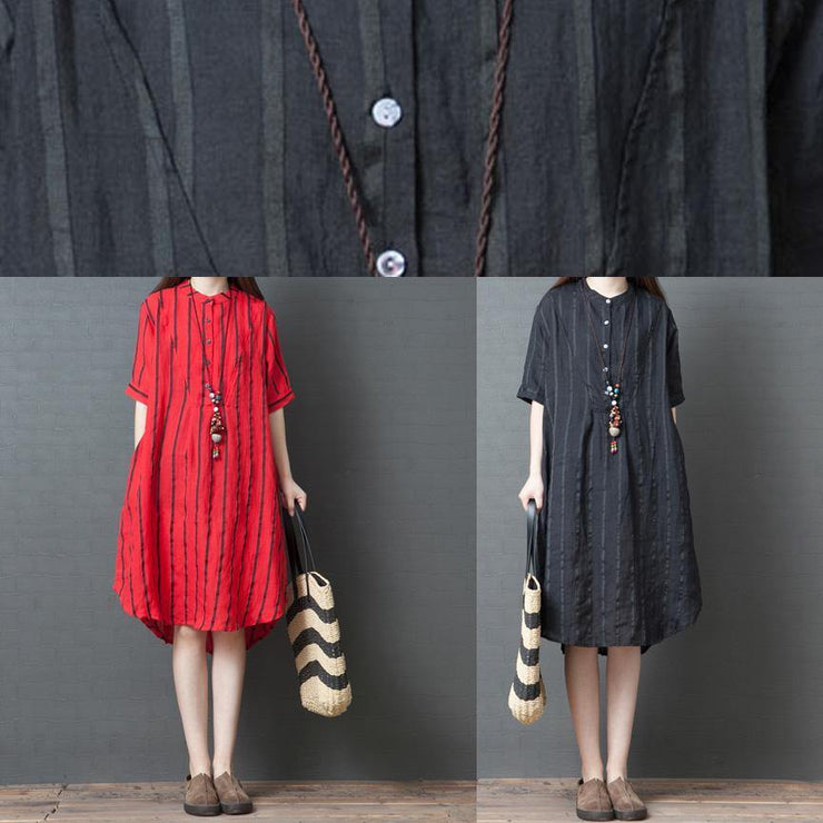Elegant red striped cotton tunic dress stand collar loose summer Dresses - bagstylebliss
