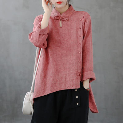 Elegant red top stand collar asymmetric oversized shirts - bagstylebliss