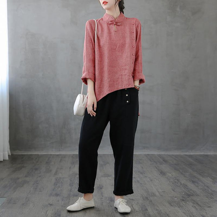 Elegant red top stand collar asymmetric oversized shirts - bagstylebliss