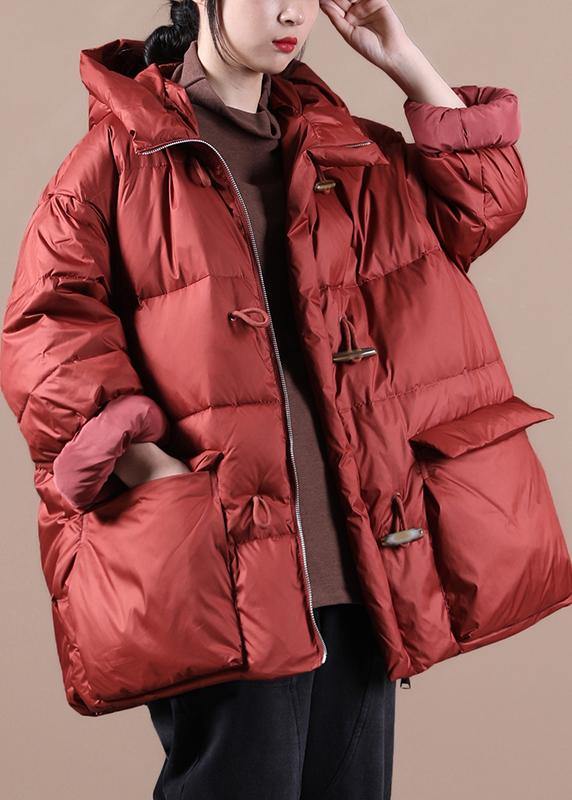 Elegant red warm winter coat Loose fitting womens parka hooded pockets Warm overcoat - bagstylebliss