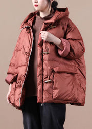 Elegant red warm winter coat Loose fitting womens parka hooded pockets Warm overcoat - bagstylebliss