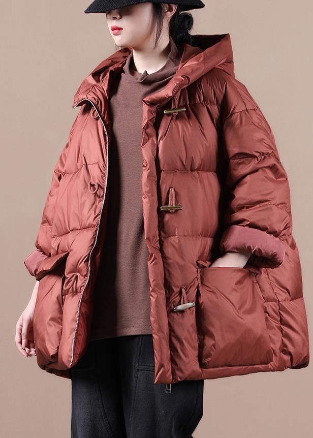 Elegant red warm winter coat Loose fitting womens parka hooded pockets Warm overcoat - bagstylebliss