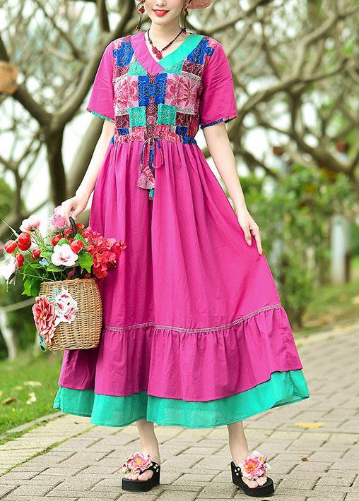 Elegant rose cotton clothes v neck patchwork Maxi summer Dresses - bagstylebliss