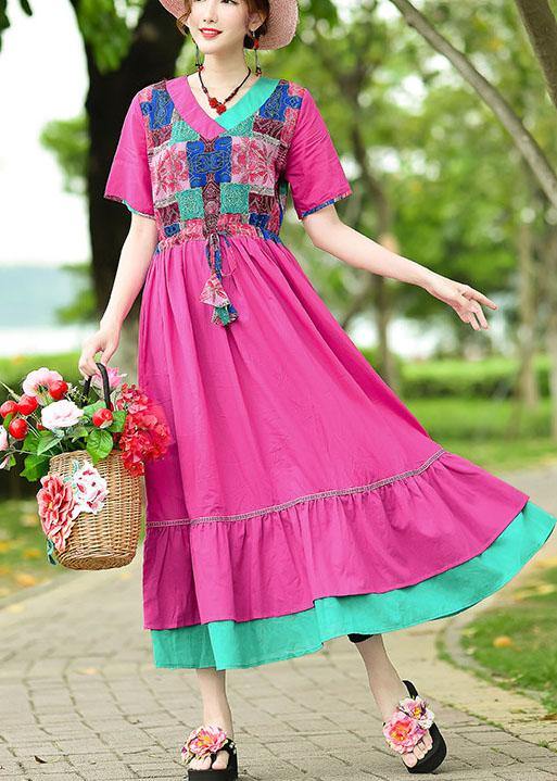 Elegant rose cotton clothes v neck patchwork Maxi summer Dresses - bagstylebliss