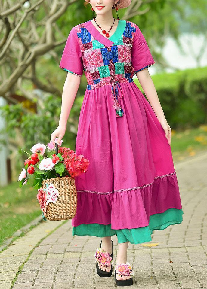 Elegant rose cotton clothes v neck patchwork Maxi summer Dresses - bagstylebliss