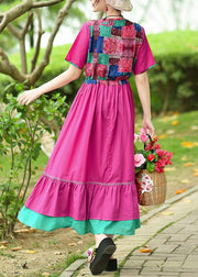 Elegant rose cotton clothes v neck patchwork Maxi summer Dresses - bagstylebliss