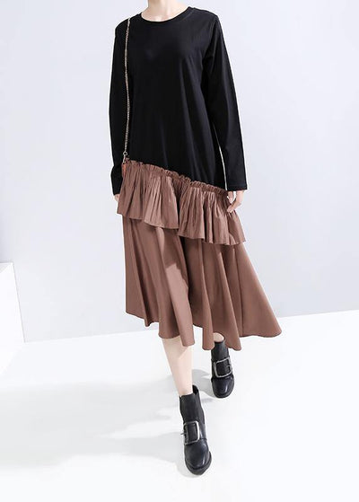 Elegant ruffles cotton patchwork Tunics Shape khaki Maxi Dresses - bagstylebliss