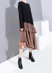 Elegant ruffles cotton patchwork Tunics Shape khaki Maxi Dresses - bagstylebliss