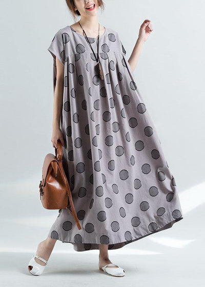 Elegant short sleeve o neck cotton clothes pattern gray dotted Plus Size Dress summer - bagstylebliss