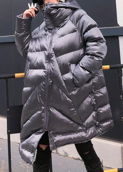 Elegant silver gray womens parkas oversized warm winter outwear hooded zippered - bagstylebliss