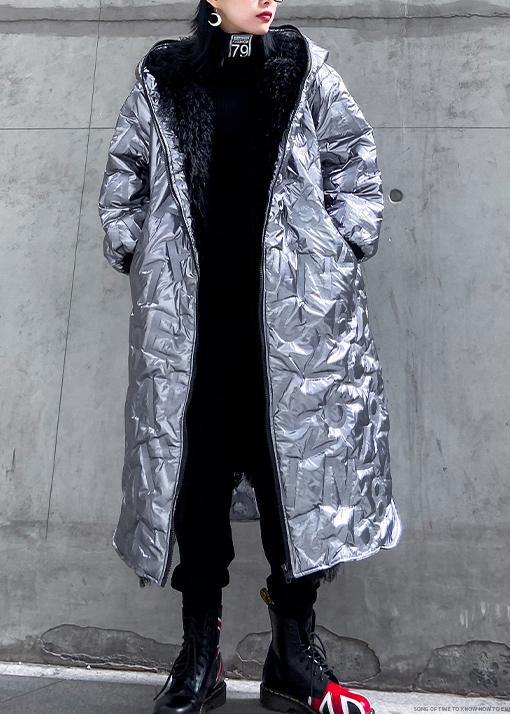 Elegant silver outwear trendy plus size snow hooded zippered winter outwear - bagstylebliss