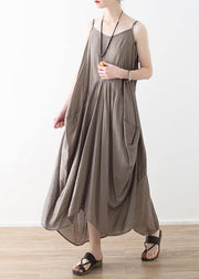 Elegant sleeveless cotton Long Shirts linen gray Kaftan Dress summer - bagstylebliss