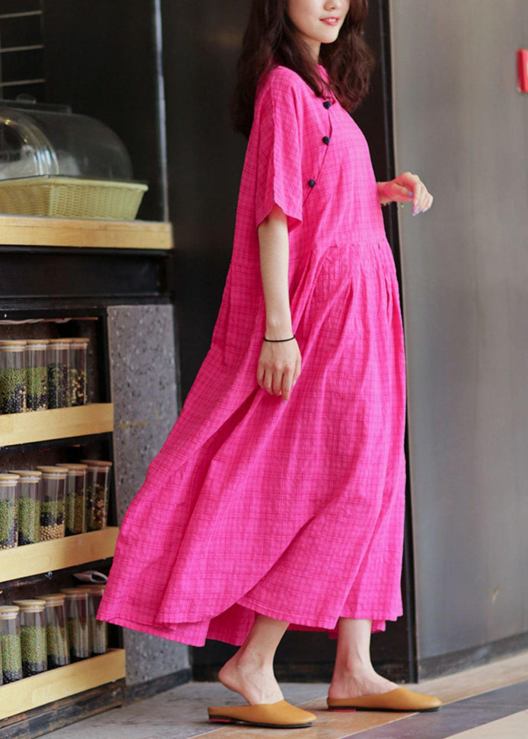 Elegant stand collar linen summer Robes Photography rese plaid Dress - bagstylebliss