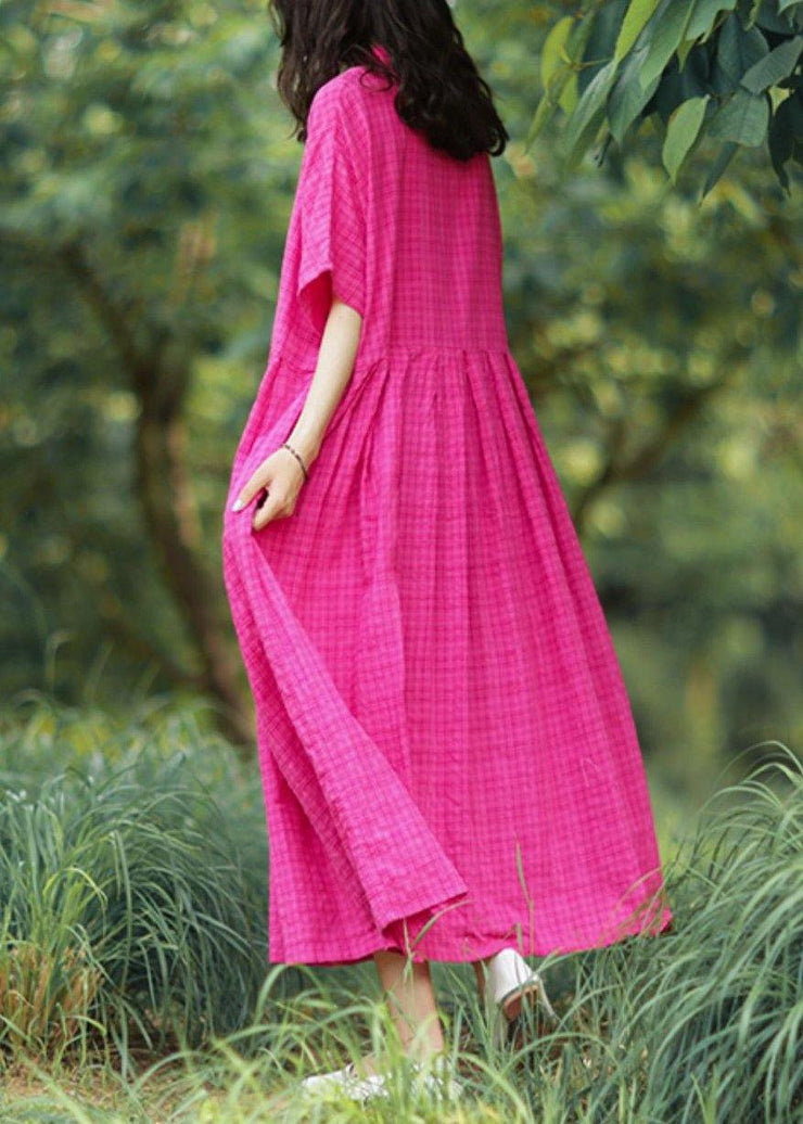 Elegant stand collar linen summer Robes Photography rese plaid Dress - bagstylebliss