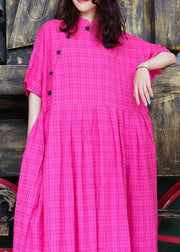 Elegant stand collar linen summer Robes Photography rese plaid Dress - bagstylebliss